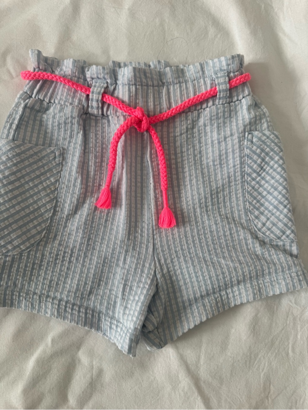 Kids Light Blue Seersucker Striped Shorts with Neon Pink Drawstring